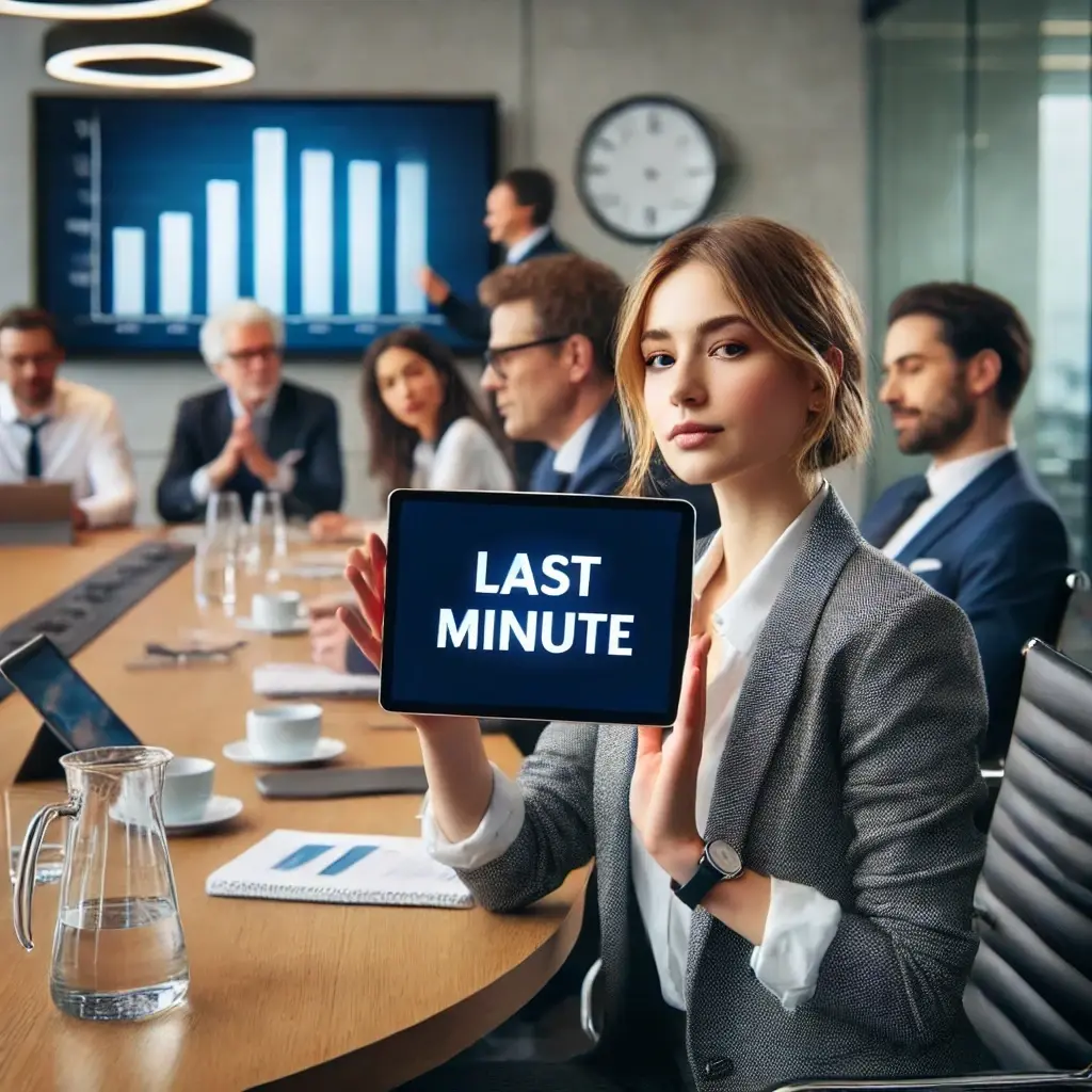 Moderator showing text on a tablet in a meeting